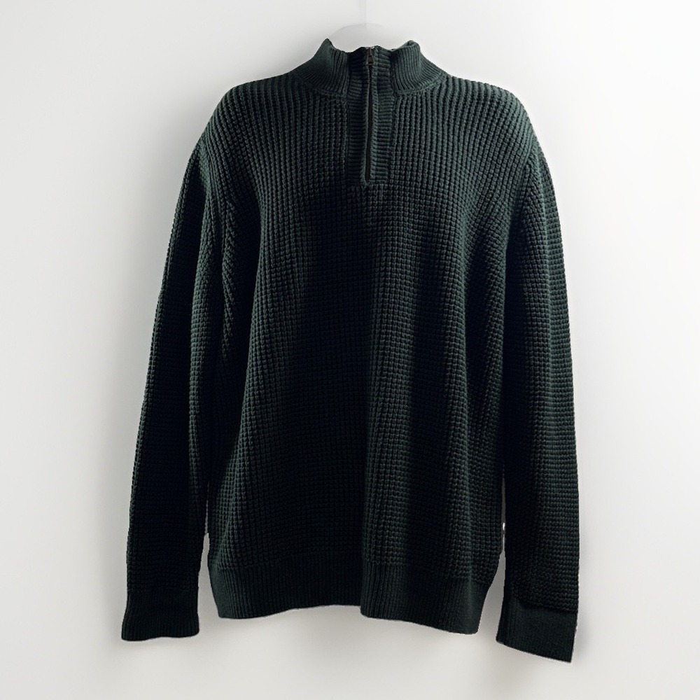 LL Bean Men XL Tall Dark Green Organic Cotton Waffle Knit Quarter Zip Sweater